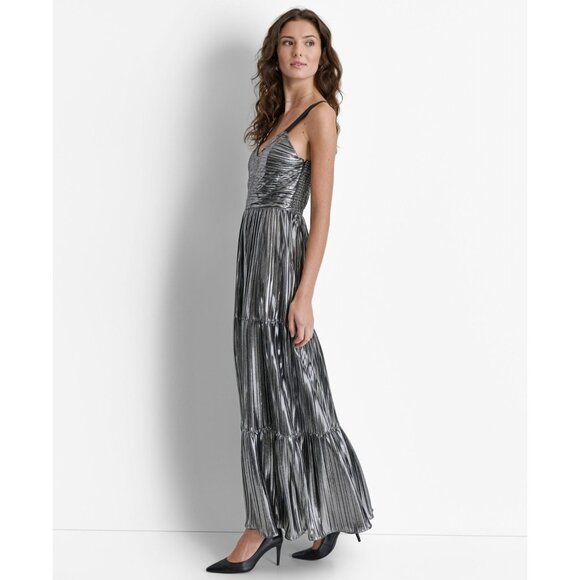 DKNY Women's Foil Plissé V-Neck Sleeveless Maxi Dress Silver Size M MSRP $189 - Picture 3 of 4